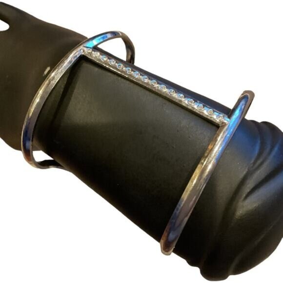 Silver Tone Rhinestone Cuff Bracelet With Open Design & Double Bar Detailing - Picture 6 of 7